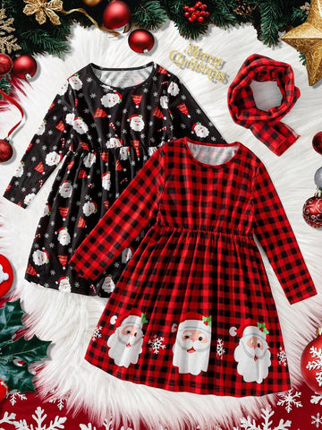 Young Girl Plaid Print Long Sleeve Casual Loose Dress With Matching Scarf, Spring Autumn