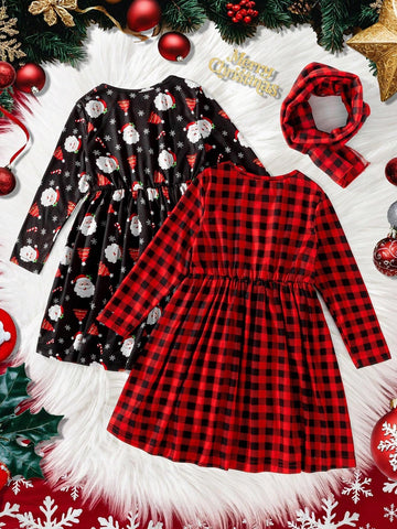 Young Girl Plaid Print Long Sleeve Casual Loose Dress With Matching Scarf, Spring Autumn