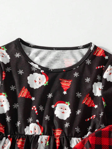 Young Girl Plaid Print Long Sleeve Casual Loose Dress With Matching Scarf, Spring Autumn