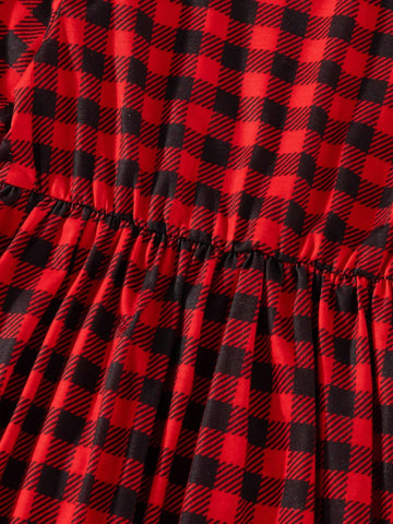 Young Girl Plaid Print Long Sleeve Casual Loose Dress With Matching Scarf, Spring Autumn