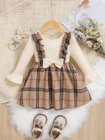 Young Girl Plaid Print Ruffle Trim Flounce Sleeve Bow Front 2 In 1 Dress,Great For Casual & Daily Wear & School Daily In Autumn & Winter