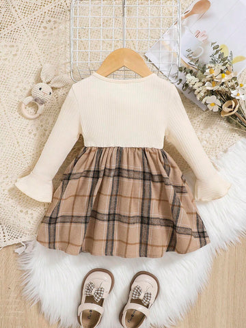 Young Girl Plaid Print Ruffle Trim Flounce Sleeve Bow Front 2 In 1 Dress,Great For Casual & Daily Wear & School Daily In Autumn & Winter