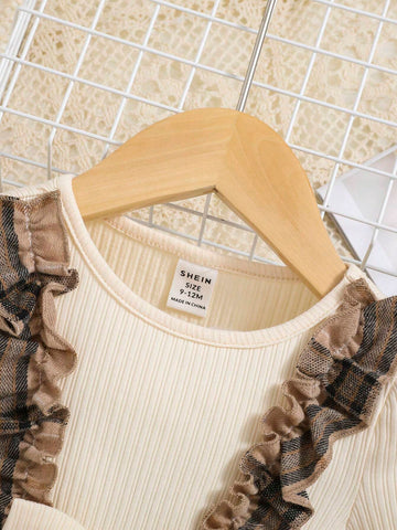 Young Girl Plaid Print Ruffle Trim Flounce Sleeve Bow Front 2 In 1 Dress,Great For Casual & Daily Wear & School Daily In Autumn & Winter