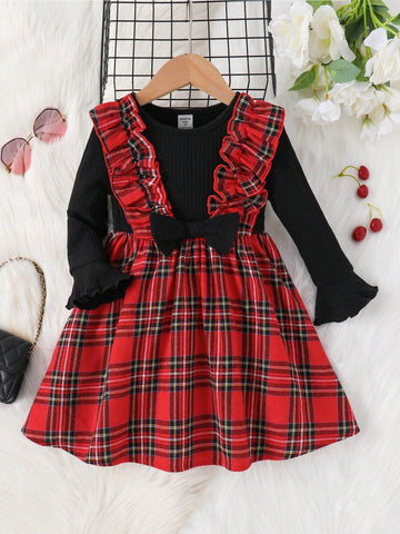 Young Girl Plaid Print Ruffle Trim Flounce Sleeve Bow Front 2 In 1 Dress, Great For Casual & Daily Wear & School Daily In Autumn & Winter