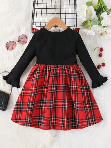 Young Girl Plaid Print Ruffle Trim Flounce Sleeve Bow Front 2 In 1 Dress, Great For Casual & Daily Wear & School Daily In Autumn & Winter