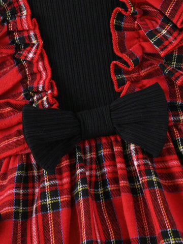 Young Girl Plaid Print Ruffle Trim Flounce Sleeve Bow Front 2 In 1 Dress, Great For Casual & Daily Wear & School Daily In Autumn & Winter
