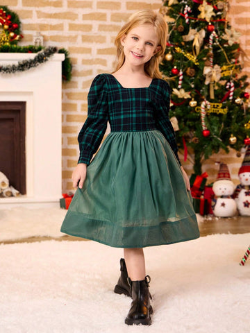 Young Girl Plaid Print Square Neck Long Sleeve Dress