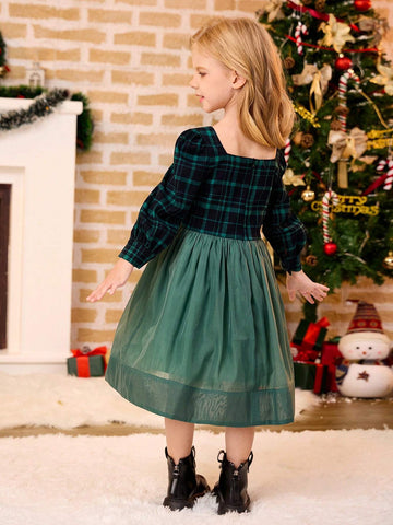 Young Girl Plaid Print Square Neck Long Sleeve Dress