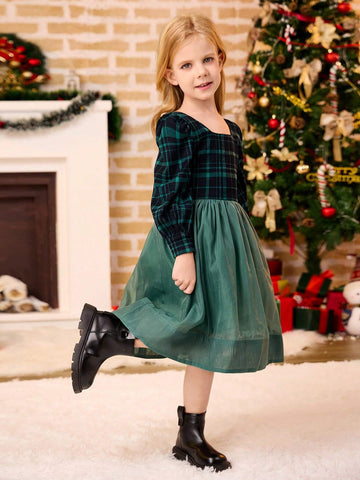 Young Girl Plaid Print Square Neck Long Sleeve Dress