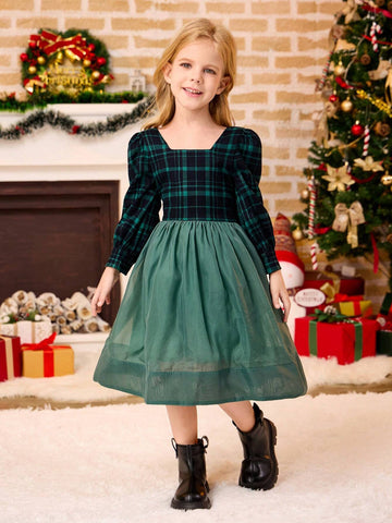 Young Girl Plaid Print Square Neck Long Sleeve Dress