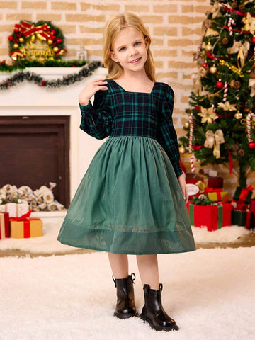 Young Girl Plaid Print Square Neck Long Sleeve Dress