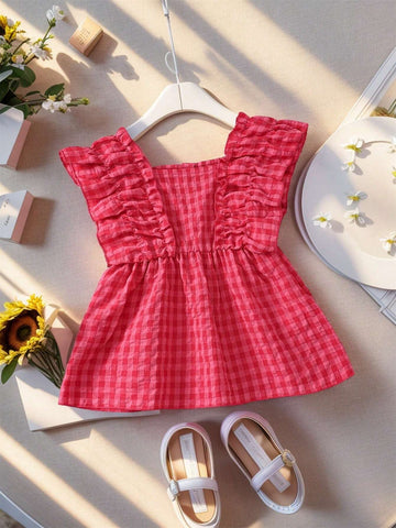 Young Girl Plaid Ruffle Hem Vacation Leisure Shirt