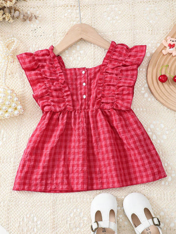 Young Girl Plaid Ruffle Hem Vacation Leisure Shirt