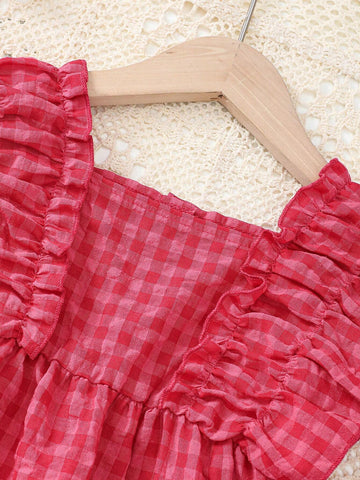 Young Girl Plaid Ruffle Hem Vacation Leisure Shirt