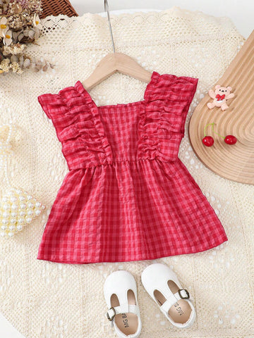 Young Girl Plaid Ruffle Hem Vacation Leisure Shirt