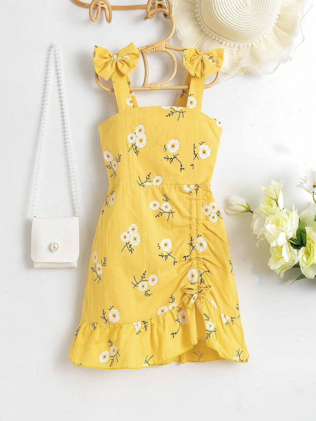 Young Girl Plaid Strap Summer Dress With Floral Print & Ruffled Hem, Fresh Design, Must-Have
