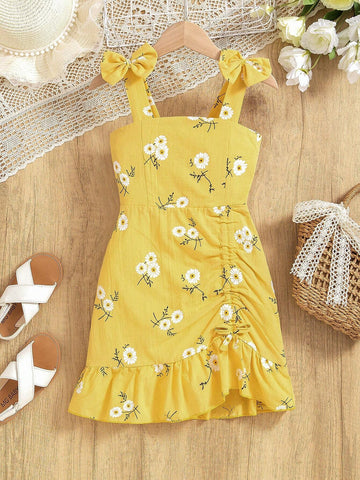 Young Girl Plaid Strap Summer Dress With Floral Print & Ruffled Hem, Fresh Design, Must-Have