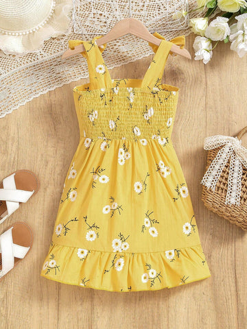 Young Girl Plaid Strap Summer Dress With Floral Print & Ruffled Hem, Fresh Design, Must-Have