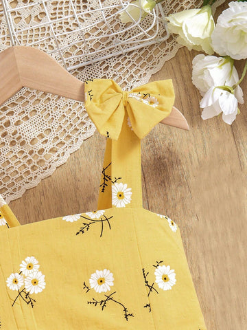 Young Girl Plaid Strap Summer Dress With Floral Print & Ruffled Hem, Fresh Design, Must-Have