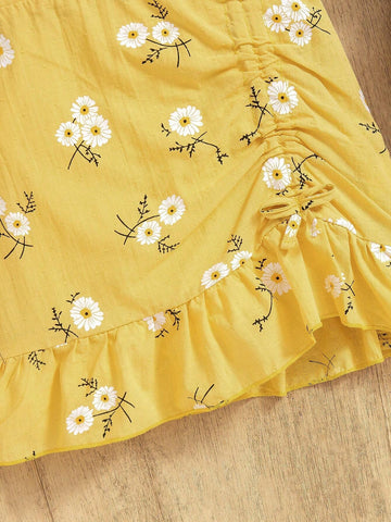 Young Girl Plaid Strap Summer Dress With Floral Print & Ruffled Hem, Fresh Design, Must-Have