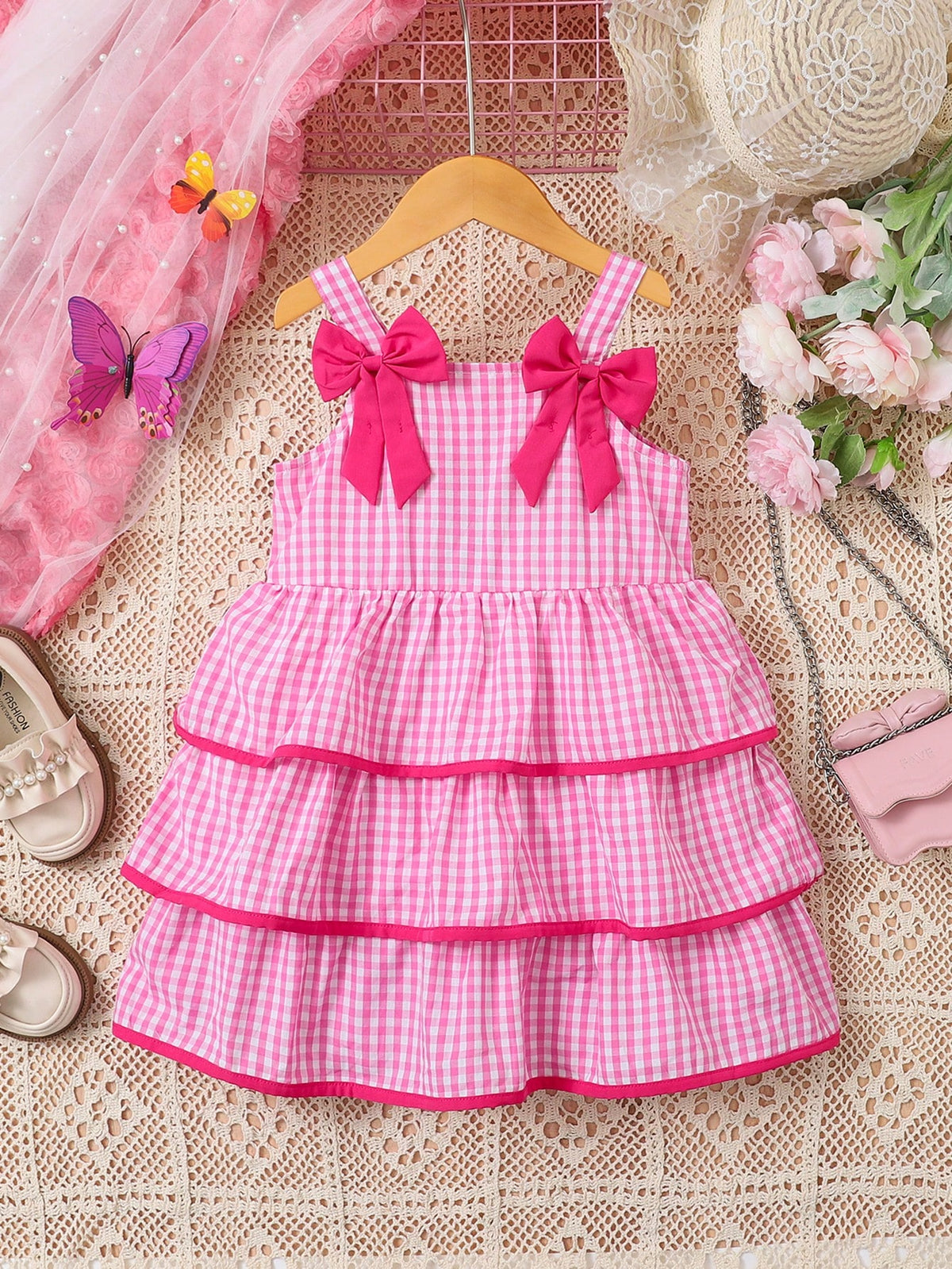 Young Girl Plaid With Bow Decor Spaghetti Strap Princess Dress, Pink, Spring/Summer