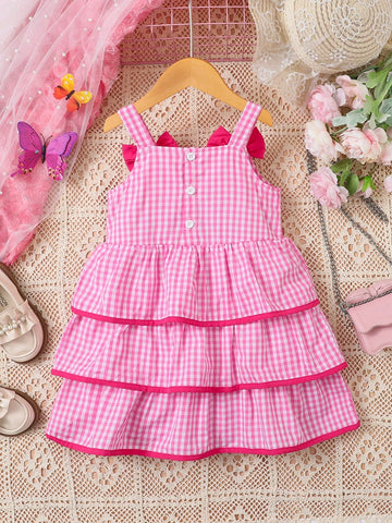 Young Girl Plaid With Bow Decor Spaghetti Strap Princess Dress, Pink, Spring/Summer