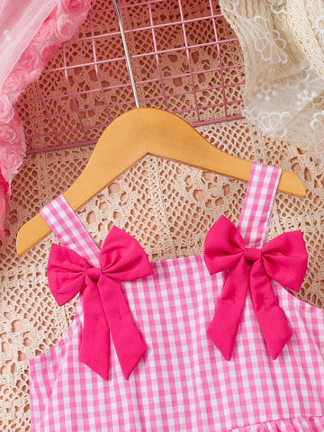 Young Girl Plaid With Bow Decor Spaghetti Strap Princess Dress, Pink, Spring/Summer