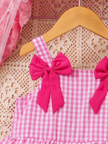 Young Girl Plaid With Bow Decor Spaghetti Strap Princess Dress, Pink, Spring/Summer