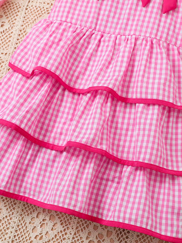 Young Girl Plaid With Bow Decor Spaghetti Strap Princess Dress, Pink, Spring/Summer