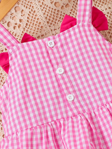 Young Girl Plaid With Bow Decor Spaghetti Strap Princess Dress, Pink, Spring/Summer