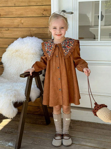 Young Girl Plain Collar Ruffle Hem Fitted Casual Dress