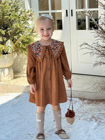 Young Girl Plain Collar Ruffle Hem Fitted Casual Dress