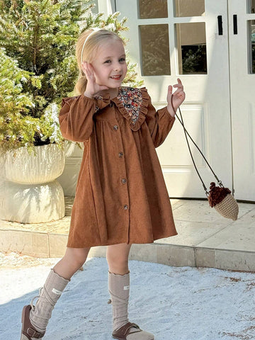 Young Girl Plain Collar Ruffle Hem Fitted Casual Dress