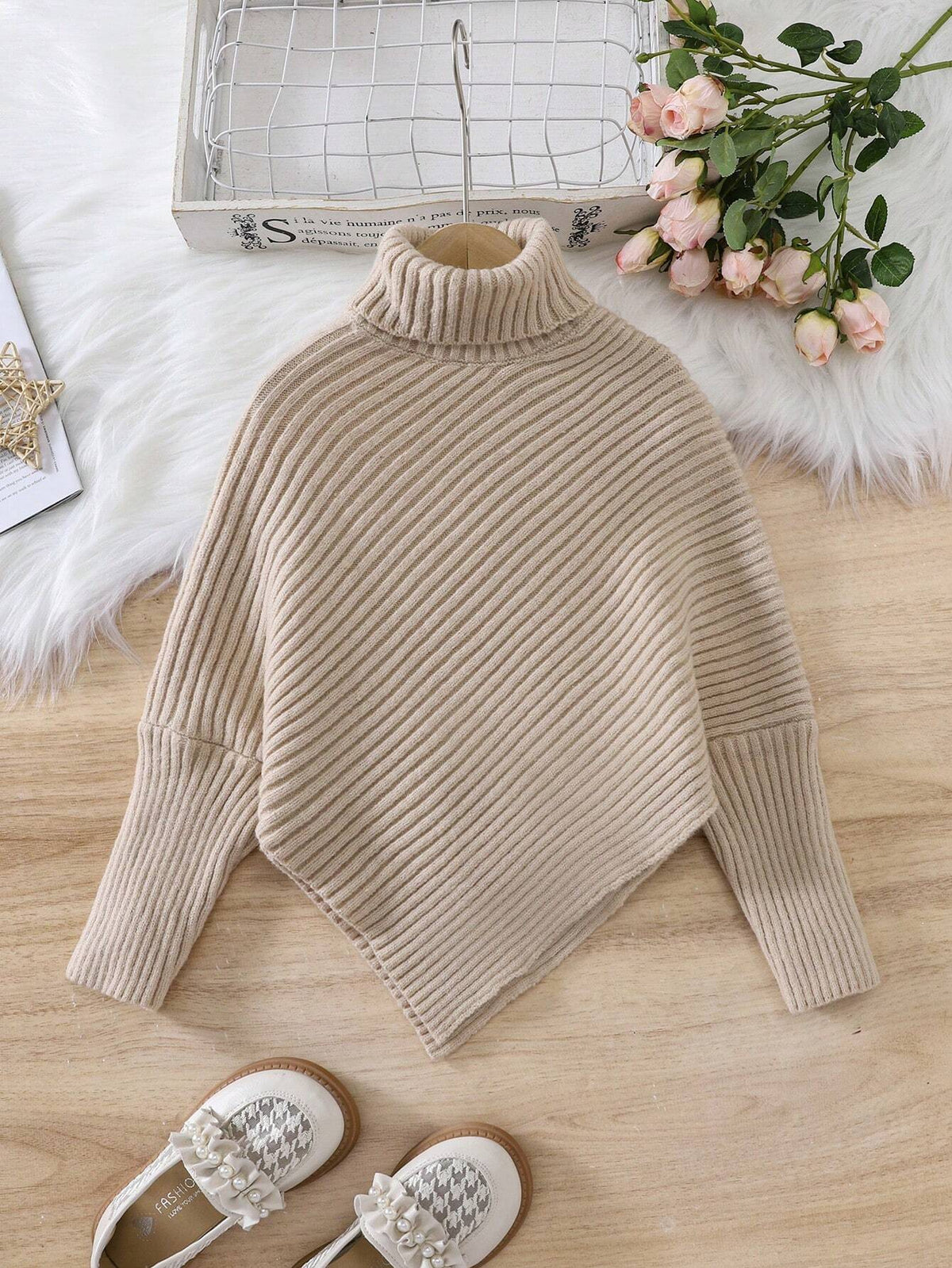 Young Girl Plain Color Asymmetric Hemline Turtleneck Sweater, Casual For Everyday Wear, Autumn/Winter