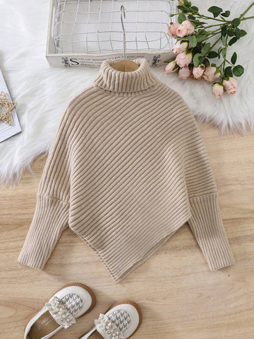 Young Girl Plain Color Asymmetric Hemline Turtleneck Sweater, Casual For Everyday Wear, Autumn/Winter