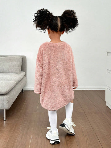 Young Girl Plain Color Fuzzy Crew Neck Loose Casual Letter Print Knitted Dress