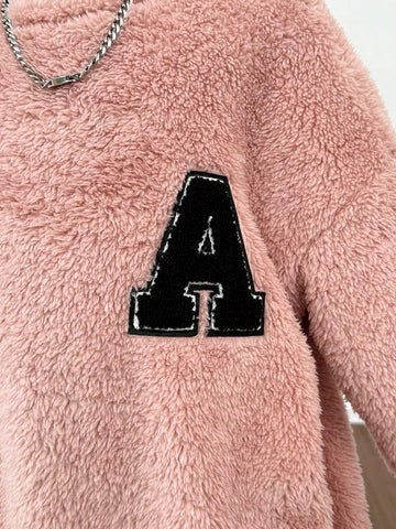 Young Girl Plain Color Fuzzy Crew Neck Loose Casual Letter Print Knitted Dress