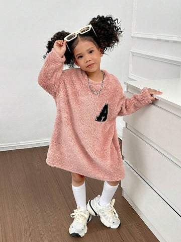 Young Girl Plain Color Fuzzy Crew Neck Loose Casual Letter Print Knitted Dress