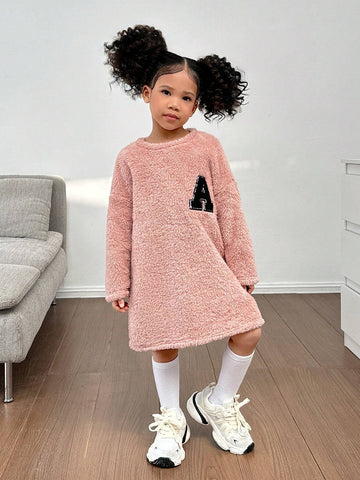 Young Girl Plain Color Fuzzy Crew Neck Loose Casual Letter Print Knitted Dress