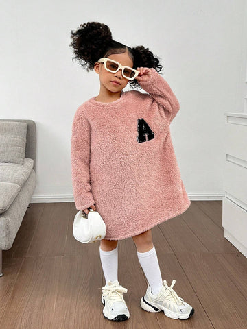 Young Girl Plain Color Fuzzy Crew Neck Loose Casual Letter Print Knitted Dress