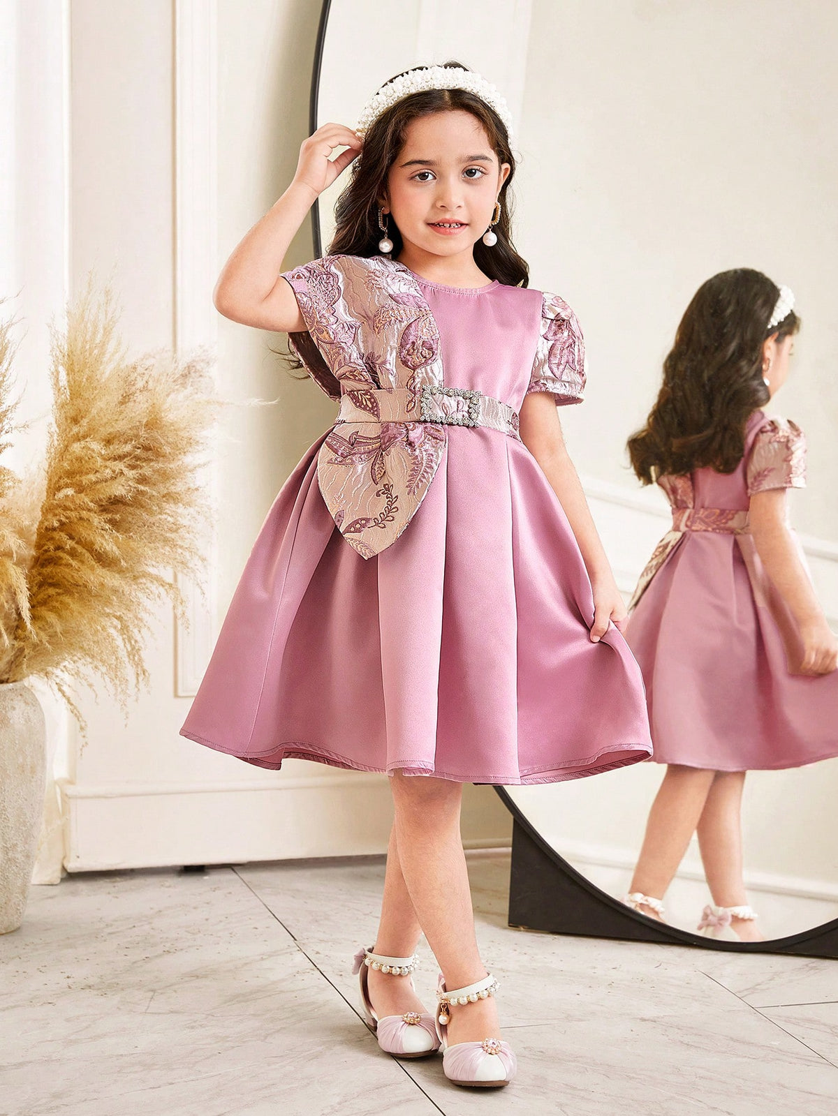 Young Girl Plain Color Jacquard Patchwork Knit Dress
