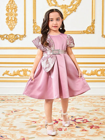 Young Girl Plain Color Jacquard Patchwork Knit Dress