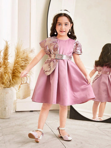 Young Girl Plain Color Jacquard Patchwork Knit Dress
