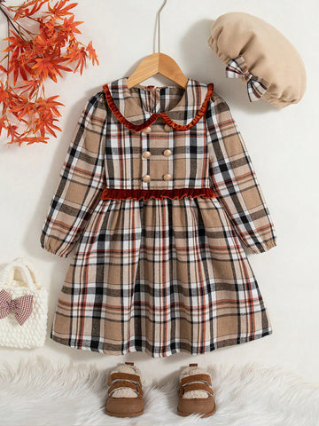 Young Girl Plain Color Patchwork Front Button Long Sleeve Simple Casual Dress