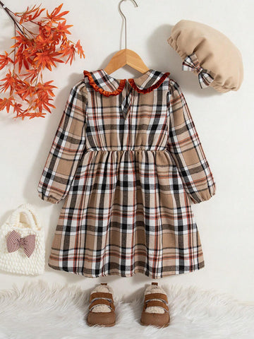 Young Girl Plain Color Patchwork Front Button Long Sleeve Simple Casual Dress