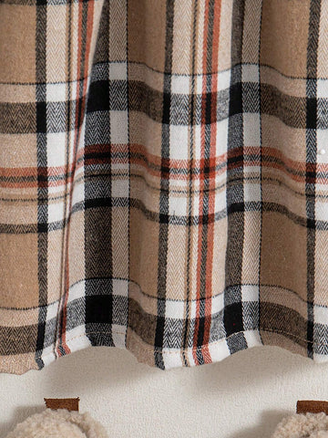 Young Girl Plain Color Patchwork Front Button Long Sleeve Simple Casual Dress