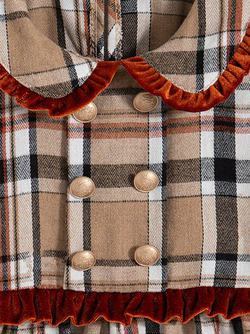 Young Girl Plain Color Patchwork Front Button Long Sleeve Simple Casual Dress