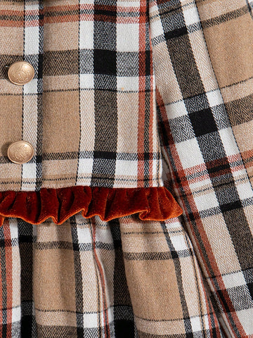 Young Girl Plain Color Patchwork Front Button Long Sleeve Simple Casual Dress