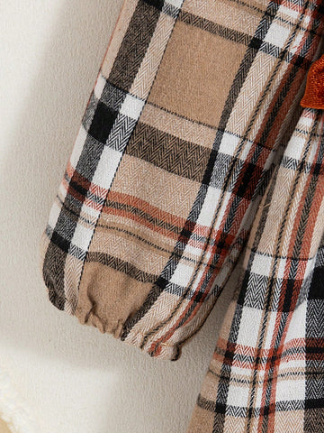 Young Girl Plain Color Patchwork Front Button Long Sleeve Simple Casual Dress