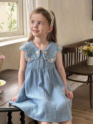 Young Girl Plain Fabric Embroidered Peter Pan Collar Snug Fit Casual Dress